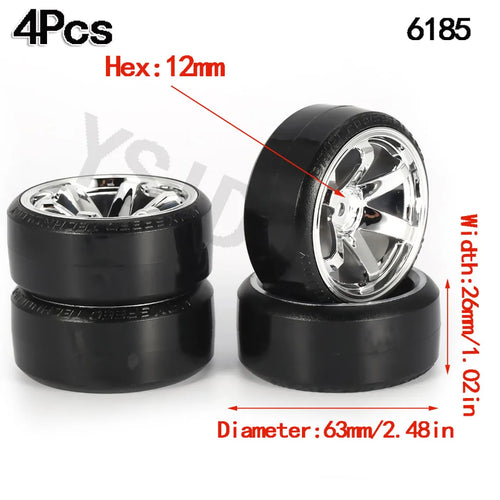 Load image into Gallery viewer, 4PCS YSIDO Hard Plastic 63mm/2.48inch Rim Tyre Tire Wheel 12mm HEX for 1/10 RC Drift Cars
