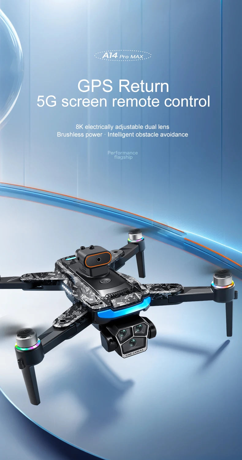 New upgraded A14 Pro Max GPS Brushless 8K three Camera Optical Flow Obstacle Avoidance Foldable Quadcopter RC Distance Drone Toy