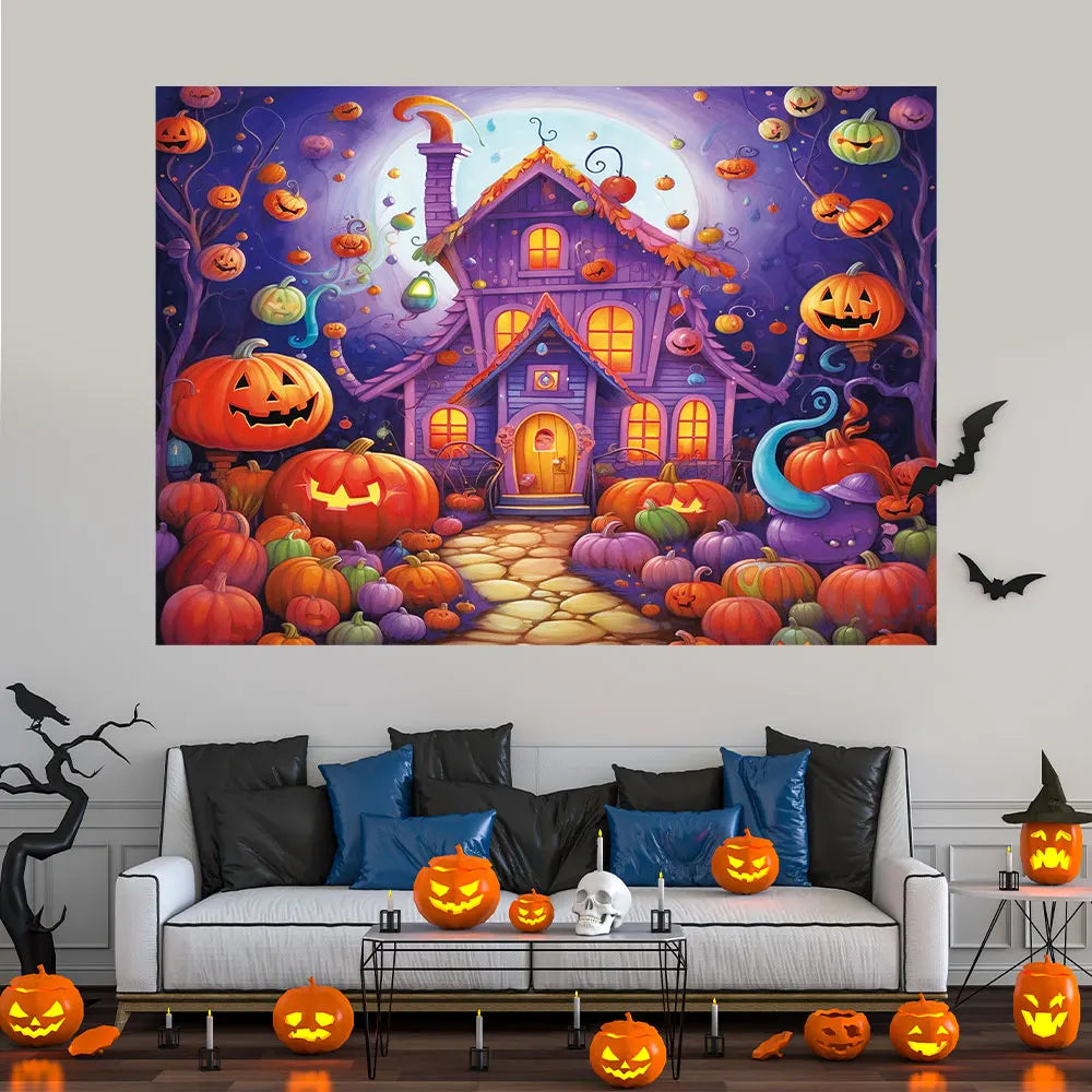 Fantasy House Pumpkin Lantern Purple Background, Halloween Party Horror Home Wall Banner Decoration Studio Photo Booth Prop