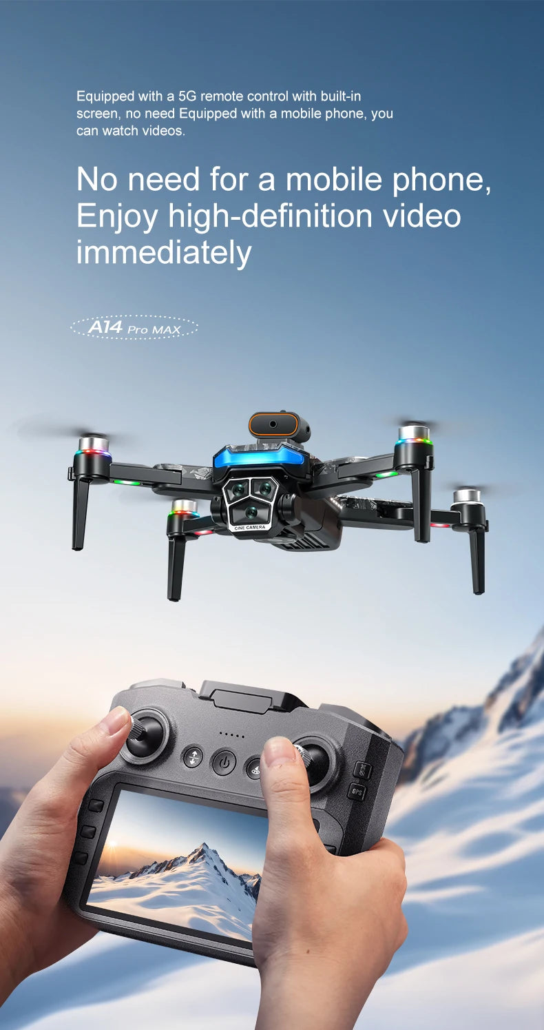 New upgraded A14 Pro Max GPS Brushless 8K three Camera Optical Flow Obstacle Avoidance Foldable Quadcopter RC Distance Drone Toy