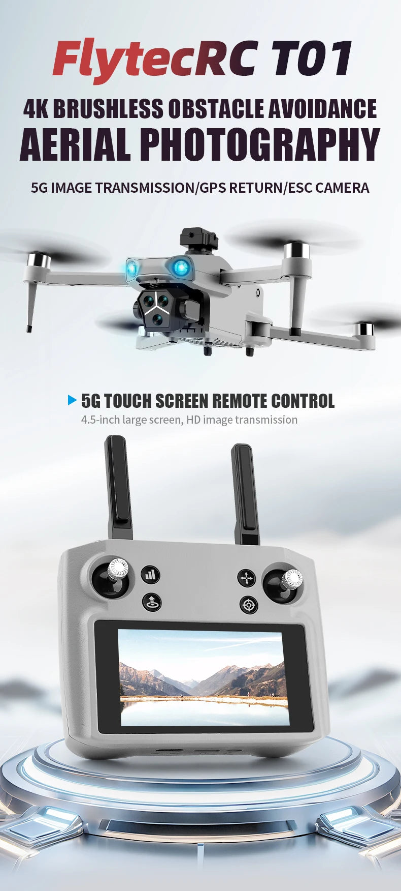 T01 Mini Drone with 4K HD Camera 4.5' Touch Screen GPS Obstacle Avoidance Brushless Motor - Folding Quadcopter for Photography