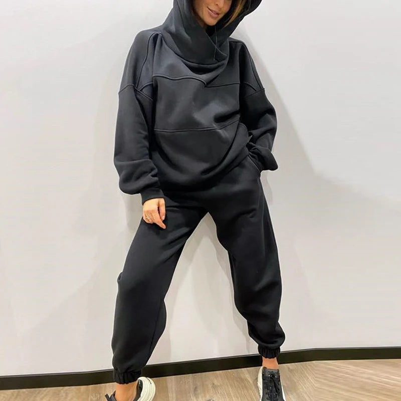 Women Fleece Two Piece Set Oversize Hoodie Sweatshirt And Jogger Trouser Tracksuits Autumn Winter Female Casual Sports Suit