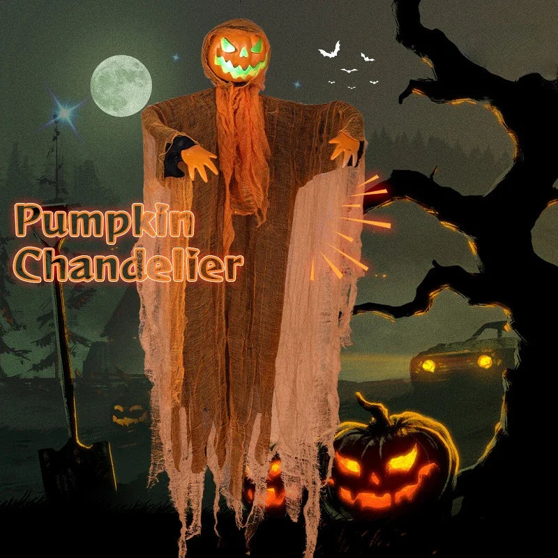 2PCS Halloween Pumpkin Party Decorations Hanging Head Green Light Turn Head Pumpkin Light-emitting Sound Hanging Props Yard