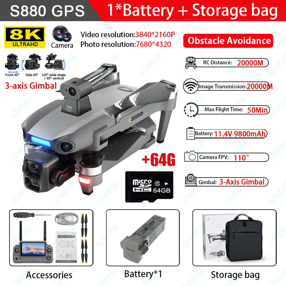 S880 Flagship Drone 8K Dual Cameras 3-Axis Gimbal 5G FPV GPS Return TouchScreen RC Obstacle Avoidance Optical Flow Hovering Dron