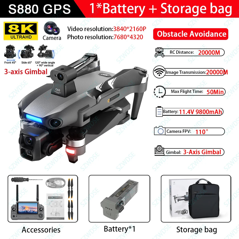 S880 Flagship Drone 8K Dual Cameras 3-Axis Gimbal 5G FPV GPS Return TouchScreen RC Obstacle Avoidance Optical Flow Hovering Dron