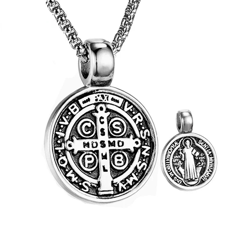 Stainless Steel Saint St. Benedict Collar Medal of San Benito Necklace Men Women Spiritual Virgin Mary Pendant Necklace For Men