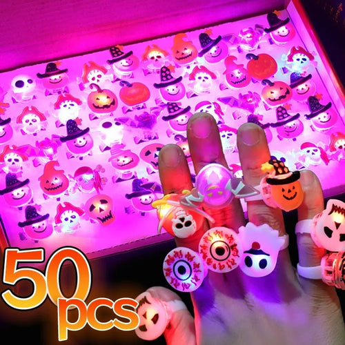 Load image into Gallery viewer, 10/50Pcs Halloween Luminous Rings Creative Pumpkin Ghost Skull LED  for Children Finger Rings Toys Lights Jewelry Party Gifts
