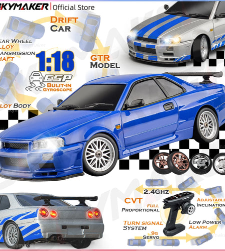 Skymaker LDRC 1/18 RC Drift Car LD1899 GTR Mode R34 2.4GHz RWD with Gyroscope on-Road Alloy Body Shell Racing Car for Boys Gifts
