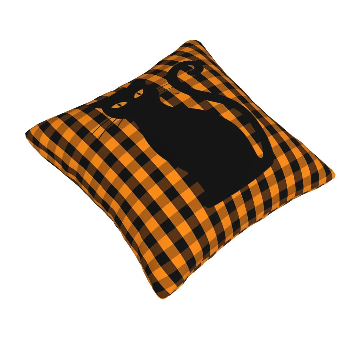 Black Halloween Cat On Orange Pumpkin Gingham Check Soft fabric home decor cushion