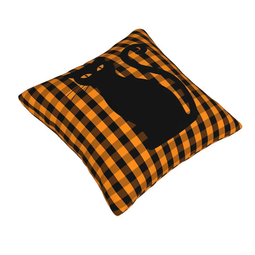 Load image into Gallery viewer, Black Halloween Cat On Orange Pumpkin Gingham Check Soft fabric home decor cushion
