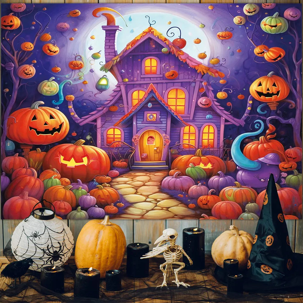 Fantasy House Pumpkin Lantern Purple Background, Halloween Party Horror Home Wall Banner Decoration Studio Photo Booth Prop