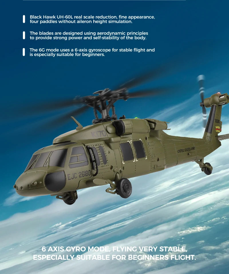 Wltoys K170 UH-60L RC Plane 2.4G 4CH 6-Axis Gyro Brushless Motor Military Green Helicopter RTF And XK K170 Birthday Gift for Kid