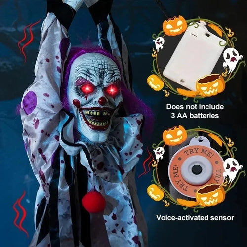 Load image into Gallery viewer, Halloween Electric Vocal Clown Pendant Home Glow Lifelike Hanging Ghost Decoration Spooky Kid Hanging From A Haunted House Chain
