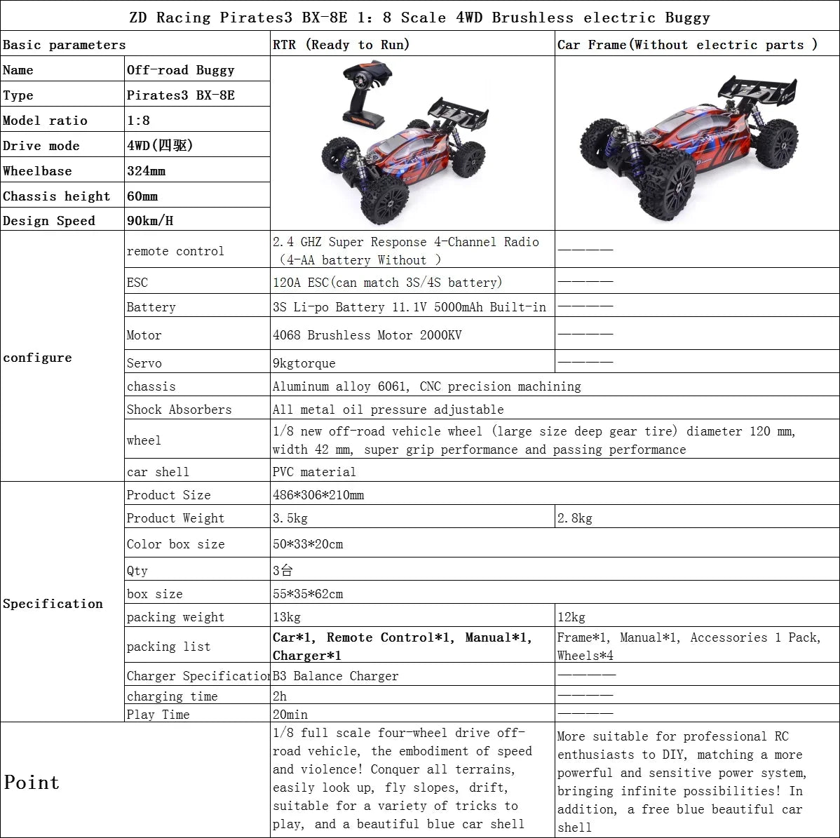 ZD Racing 9020 V3 1:8 Scale 90KM/h 4WD Brushless Electric Buggy Professional Racing Grade Remote Control Car
