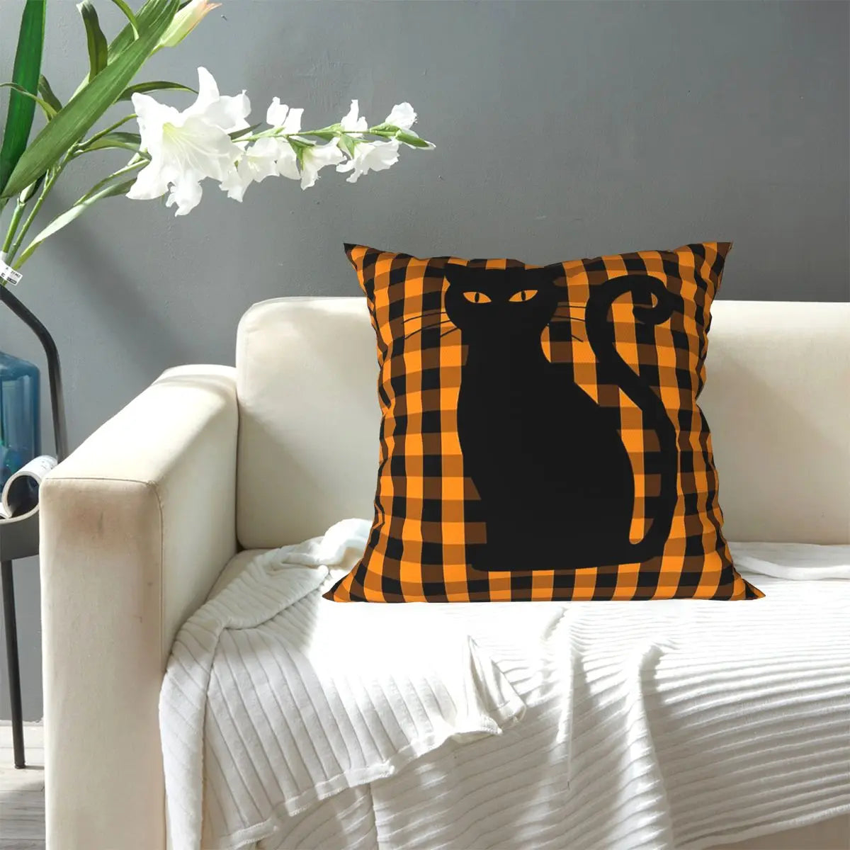 Black Halloween Cat On Orange Pumpkin Gingham Check Soft fabric home decor cushion