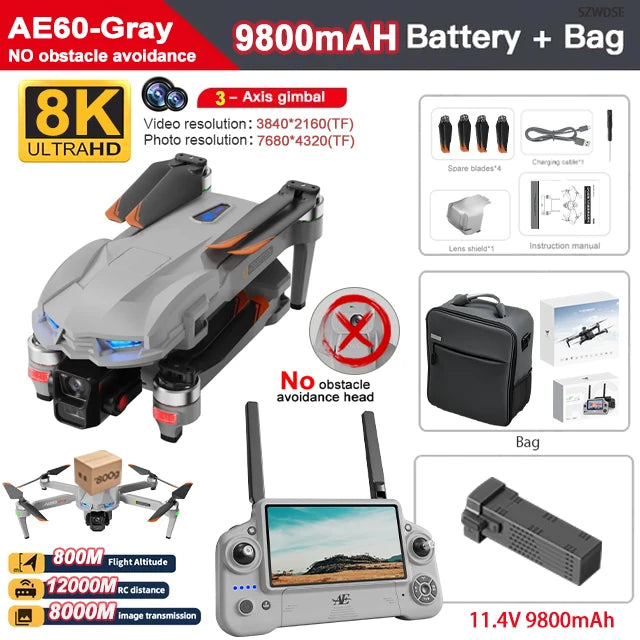 AE60 Ultra Professional Drone With 8K Camera GPS 3-Axis Gimbal Obstacle Avoidance Touch Screen FPV Brushless RC Drones Boy Toys