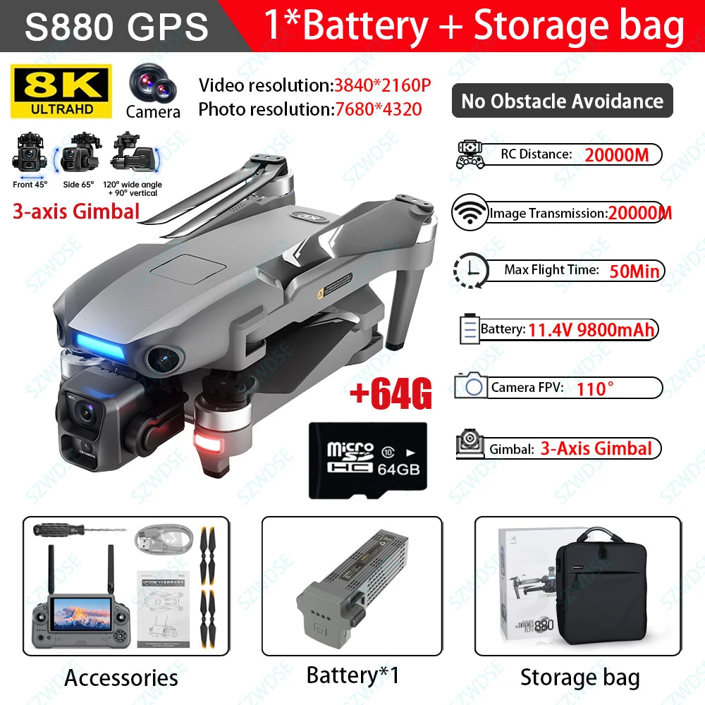 S880 Flagship Drone 8K Dual Cameras 3-Axis Gimbal 5G FPV GPS Return TouchScreen RC Obstacle Avoidance Optical Flow Hovering Dron