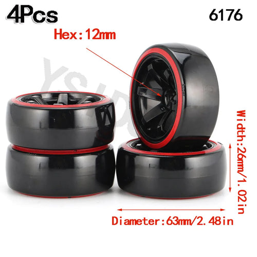 Load image into Gallery viewer, 4PCS YSIDO Hard Plastic 63mm/2.48inch Rim Tyre Tire Wheel 12mm HEX for 1/10 RC Drift Cars
