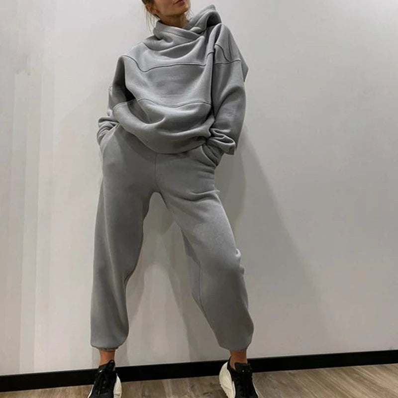 Women Fleece Two Piece Set Oversize Hoodie Sweatshirt And Jogger Trouser Tracksuits Autumn Winter Female Casual Sports Suit