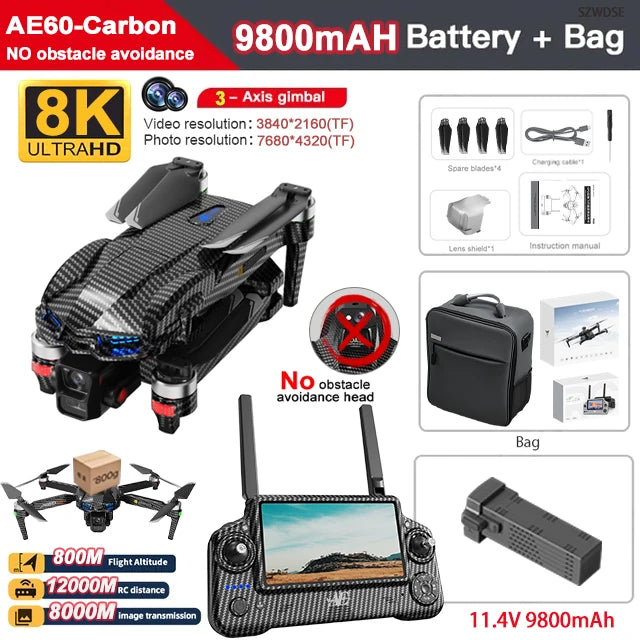 AE60 Ultra Professional Drone With 8K Camera GPS 3-Axis Gimbal Obstacle Avoidance Touch Screen FPV Brushless RC Drones Boy Toys