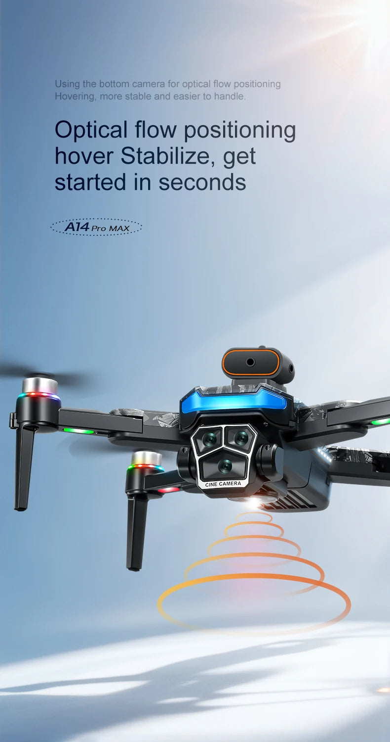 New upgraded A14 Pro Max GPS Brushless 8K three Camera Optical Flow Obstacle Avoidance Foldable Quadcopter RC Distance Drone Toy