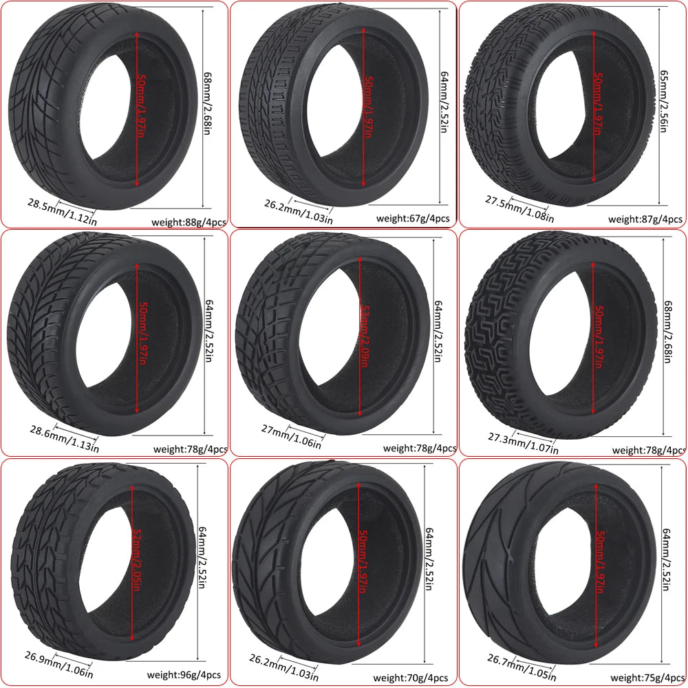 1:10 On-road Car Tires 63-68mm High Grip Rubber Tyre Hot Melt Tire Hsp 94123 Hpi Himoto Fw06 Tt01 Abrasion Resistant Racing Car