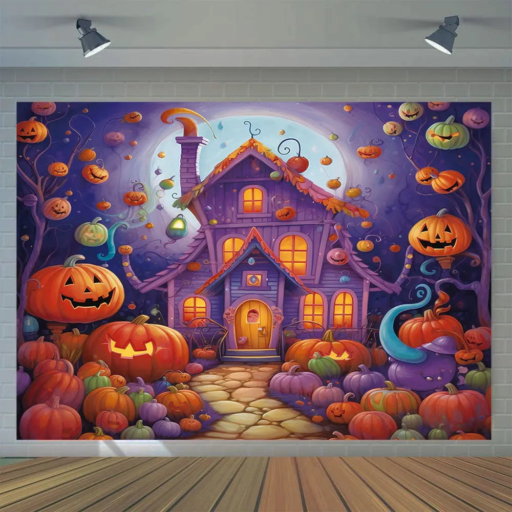 Fantasy House Pumpkin Lantern Purple Background, Halloween Party Horror Home Wall Banner Decoration Studio Photo Booth Prop