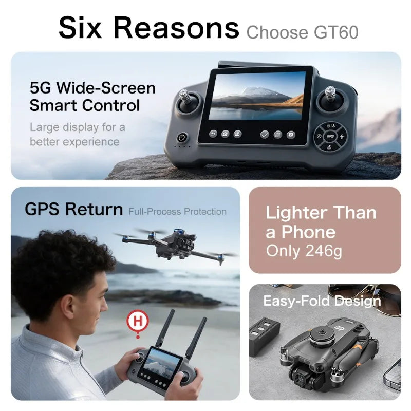 GT60 4K GPS Drone Professional with  4.5Inch Screen WiFi FPV Aerial Photography 360° Obstacle Avoidance Quadcopter Airdrop Toys