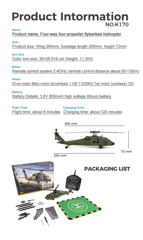 Load image into Gallery viewer, Wltoys K170 UH-60L RC Plane 2.4G 4CH 6-Axis Gyro Brushless Motor Military Green Helicopter RTF And XK K170 Birthday Gift for Kid
