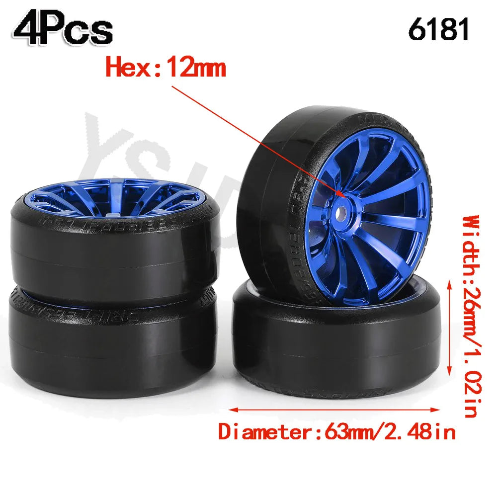 4PCS YSIDO Hard Plastic 63mm/2.48inch Rim Tyre Tire Wheel 12mm HEX for 1/10 RC Drift Cars