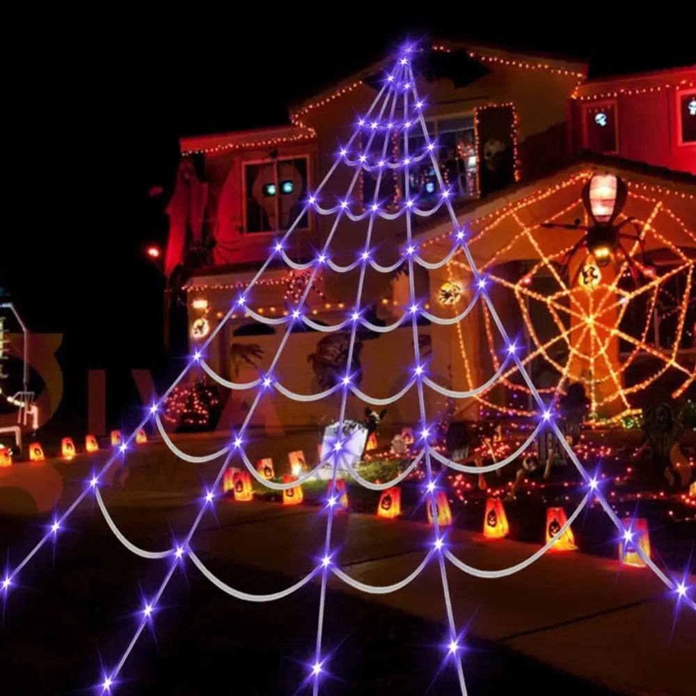 8 Modes Halloween Spider Web Lights Waterproof Glow LED Spider Net 5m Triangle Luminous Halloween Spider Indoor Outdoor