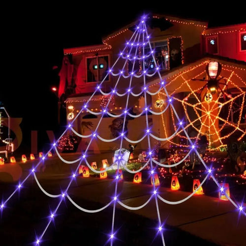 Load image into Gallery viewer, 8 Modes Halloween Spider Web Lights Waterproof Glow LED Spider Net 5m Triangle Luminous Halloween Spider Indoor Outdoor

