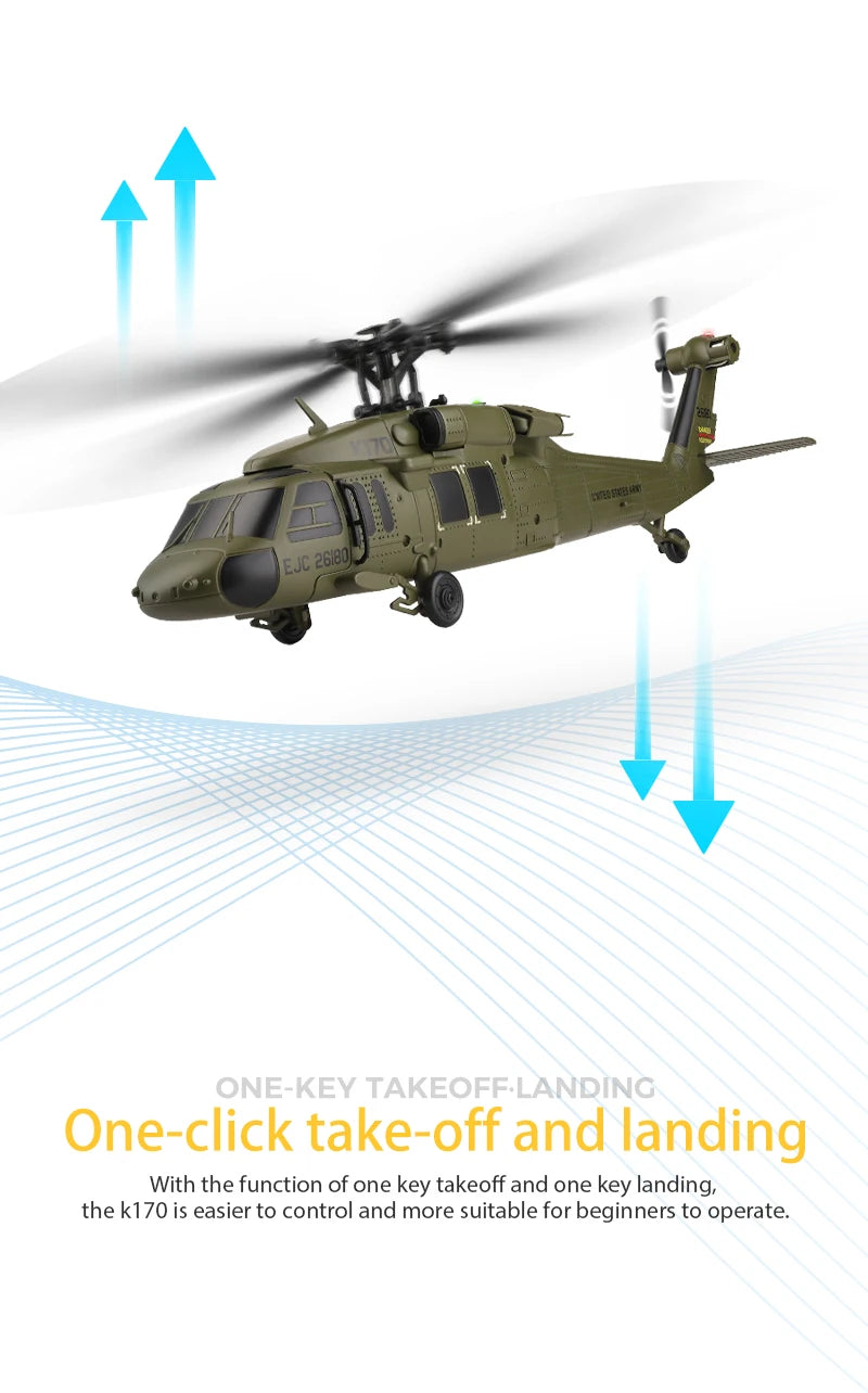 Wltoys K170 UH-60L RC Plane 2.4G 4CH 6-Axis Gyro Brushless Motor Military Green Helicopter RTF And XK K170 Birthday Gift for Kid