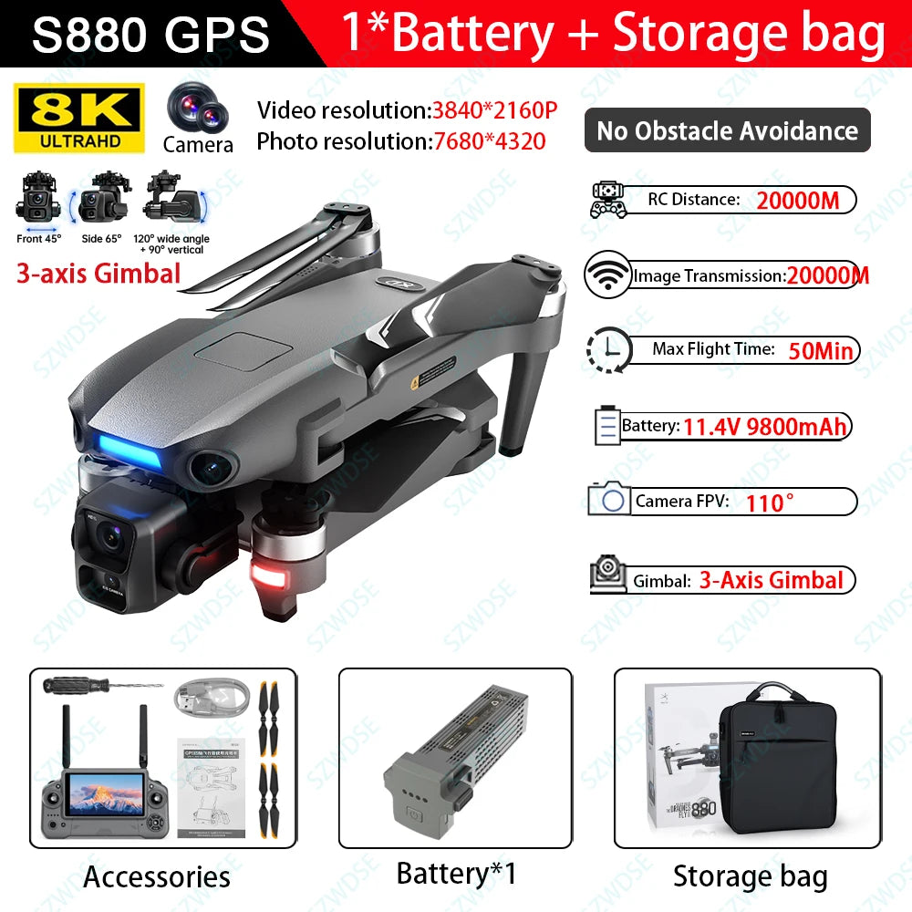S880 Flagship Drone 8K Dual Cameras 3-Axis Gimbal 5G FPV GPS Return TouchScreen RC Obstacle Avoidance Optical Flow Hovering Dron