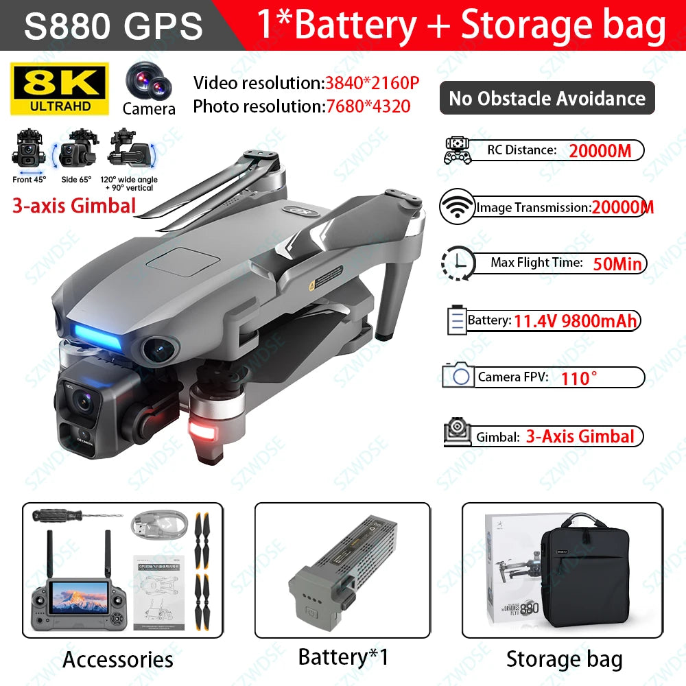S880 Flagship Drone 8K Dual Cameras 3-Axis Gimbal 5G FPV GPS Return TouchScreen RC Obstacle Avoidance Optical Flow Hovering Dron