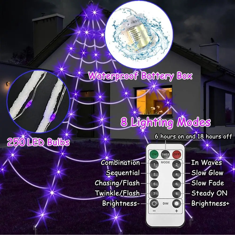 8 Modes Halloween Spider Web Lights Waterproof Glow LED Spider Net 5m Triangle Luminous Halloween Spider Indoor Outdoor
