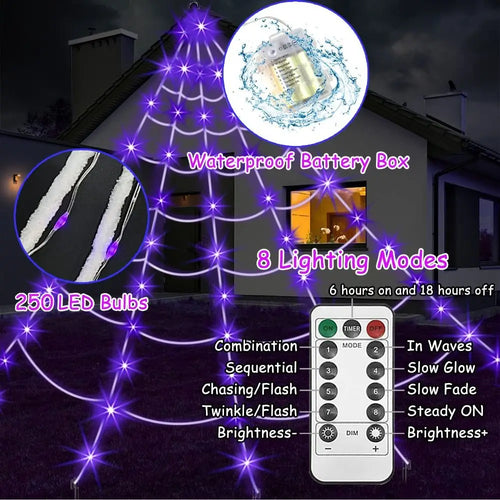 Load image into Gallery viewer, 8 Modes Halloween Spider Web Lights Waterproof Glow LED Spider Net 5m Triangle Luminous Halloween Spider Indoor Outdoor
