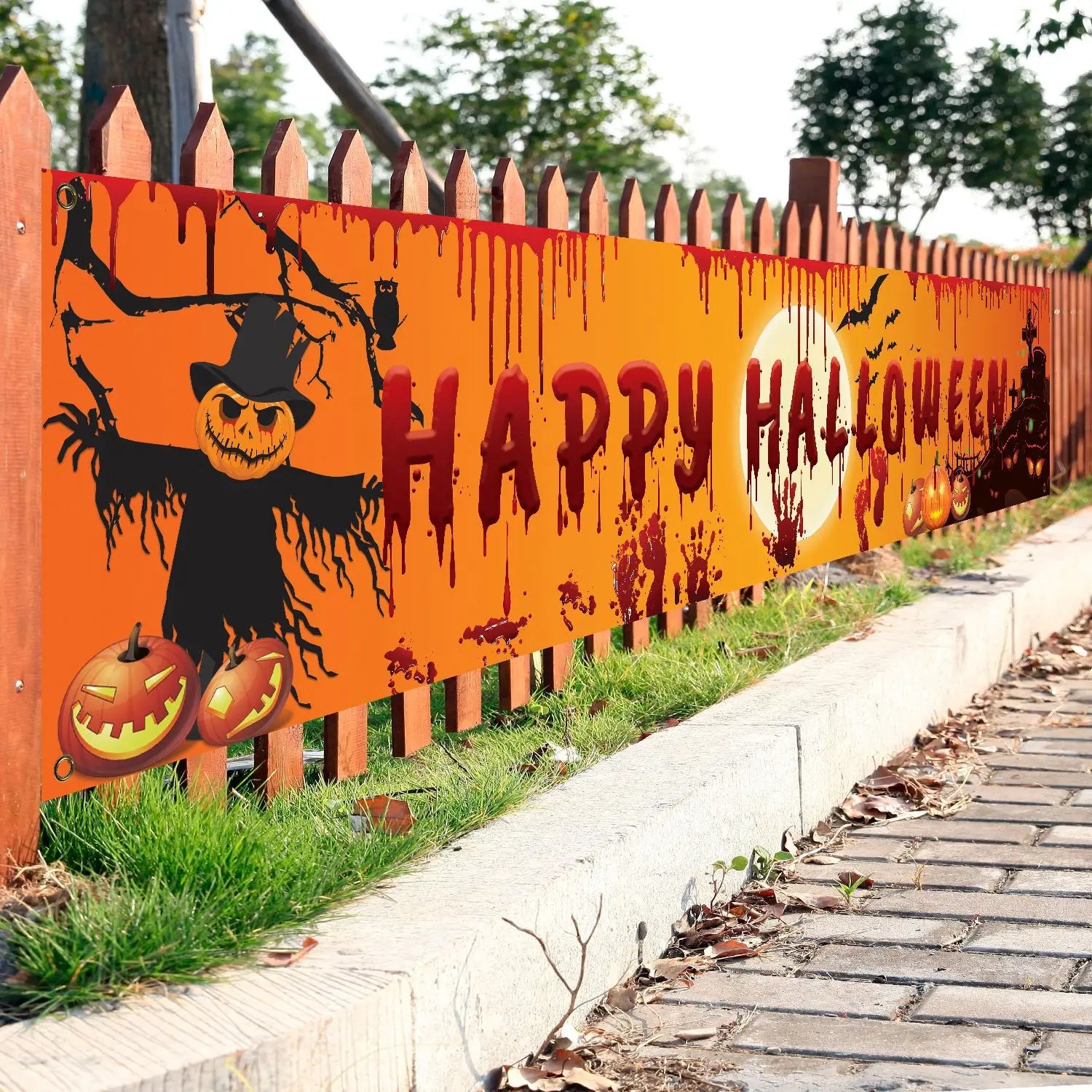 Happy Halloween Banner 250cm Long Hanging Halloween Banner with Pumpkin Terror Bloody Handprint Decor for Yard Indoor Outdoor