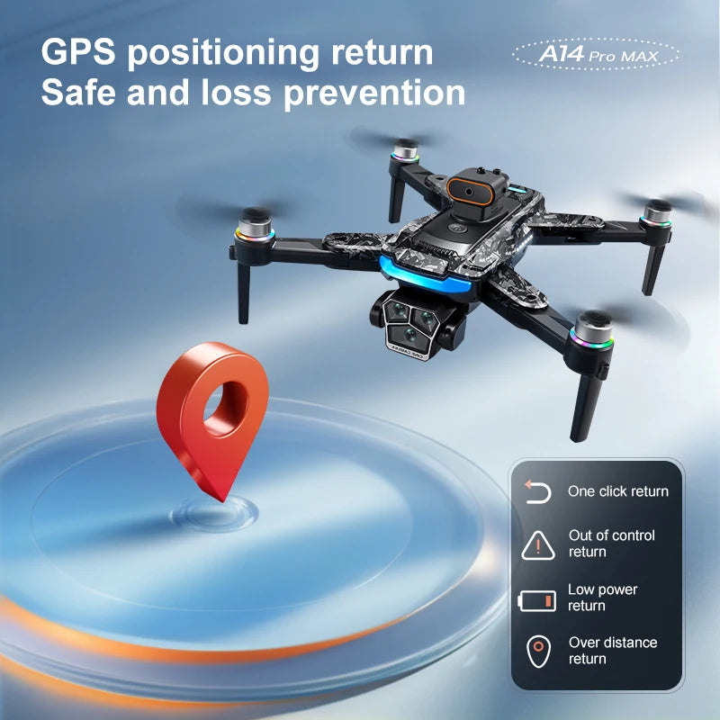 New upgraded A14 Pro Max GPS Brushless 8K three Camera Optical Flow Obstacle Avoidance Foldable Quadcopter RC Distance Drone Toy