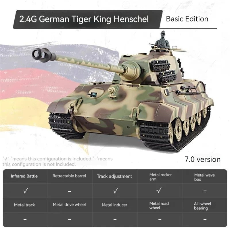 Henglong German Tiger King Remote-Controlled Tank 1/16 Metal Toy Car Professional Electric Tracked Off-Road Military Tank Model