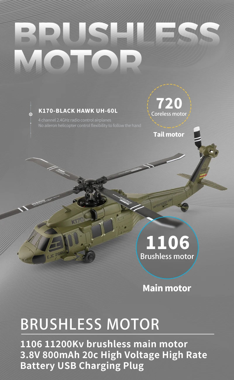Wltoys K170 UH-60L RC Plane 2.4G 4CH 6-Axis Gyro Brushless Motor Military Green Helicopter RTF And XK K170 Birthday Gift for Kid
