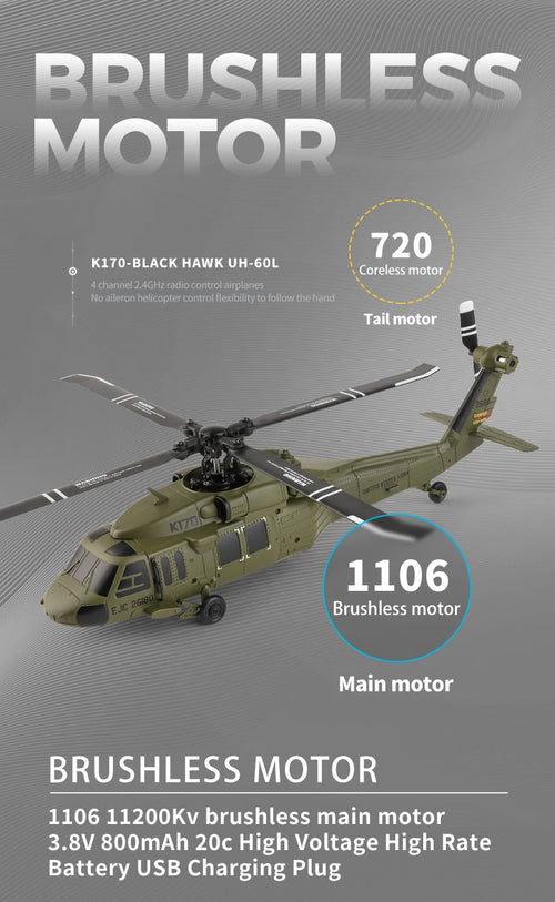 Load image into Gallery viewer, Wltoys K170 UH-60L RC Plane 2.4G 4CH 6-Axis Gyro Brushless Motor Military Green Helicopter RTF And XK K170 Birthday Gift for Kid
