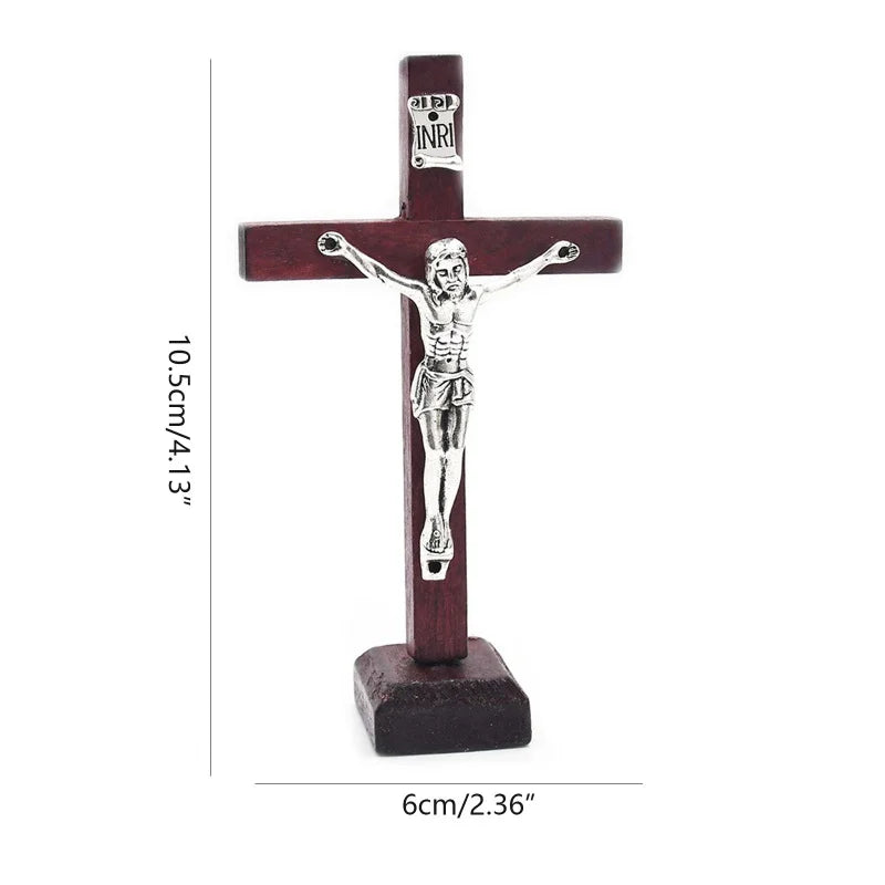 1Pc Wooden Catholic Jesus Cross with Stand Vintage Religious Christian Standing Crucifix Church Home Shelf Tabletop Ornaments