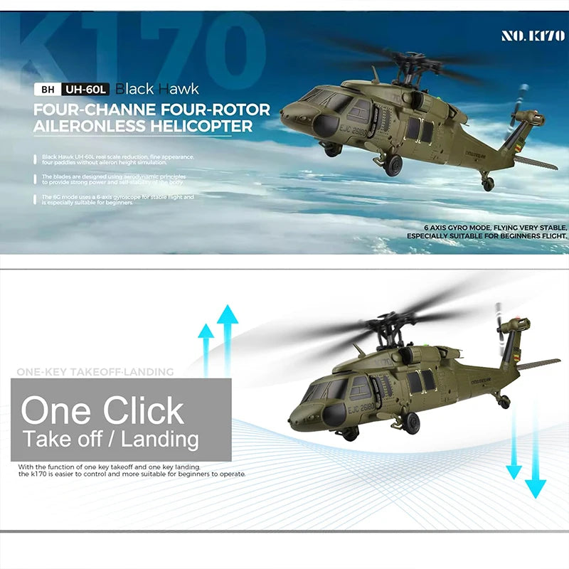 Wltoys K170 UH-60L RC Plane 2.4G 4CH 6-Axis Gyro Brushless Motor Military Green Helicopter RTF And XK K170 Birthday Gift for Kid