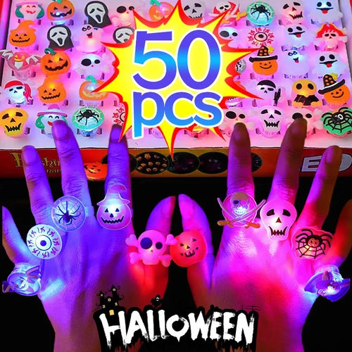 Load image into Gallery viewer, 10/50Pcs Halloween Luminous Rings Creative Pumpkin Ghost Skull LED  for Children Finger Rings Toys Lights Jewelry Party Gifts
