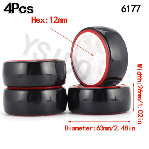 Load image into Gallery viewer, 4PCS YSIDO Hard Plastic 63mm/2.48inch Rim Tyre Tire Wheel 12mm HEX for 1/10 RC Drift Cars
