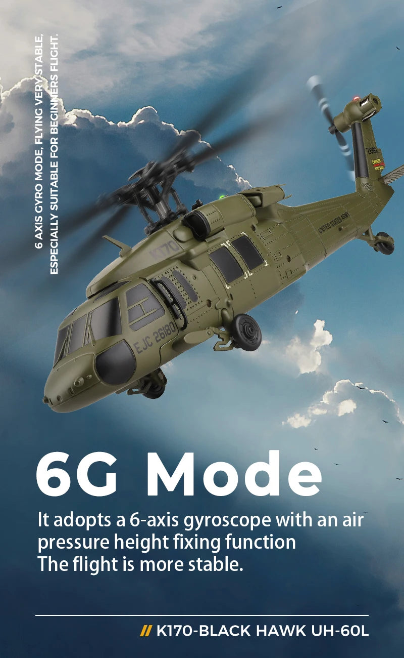Wltoys K170 UH-60L RC Plane 2.4G 4CH 6-Axis Gyro Brushless Motor Military Green Helicopter RTF And XK K170 Birthday Gift for Kid