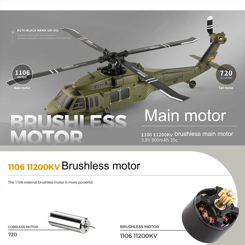 Wltoys K170 UH-60L RC Plane 2.4G 4CH 6-Axis Gyro Brushless Motor Military Green Helicopter RTF And XK K170 Birthday Gift for Kid