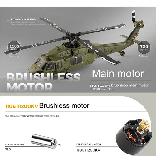 Load image into Gallery viewer, Wltoys K170 UH-60L RC Plane 2.4G 4CH 6-Axis Gyro Brushless Motor Military Green Helicopter RTF And XK K170 Birthday Gift for Kid
