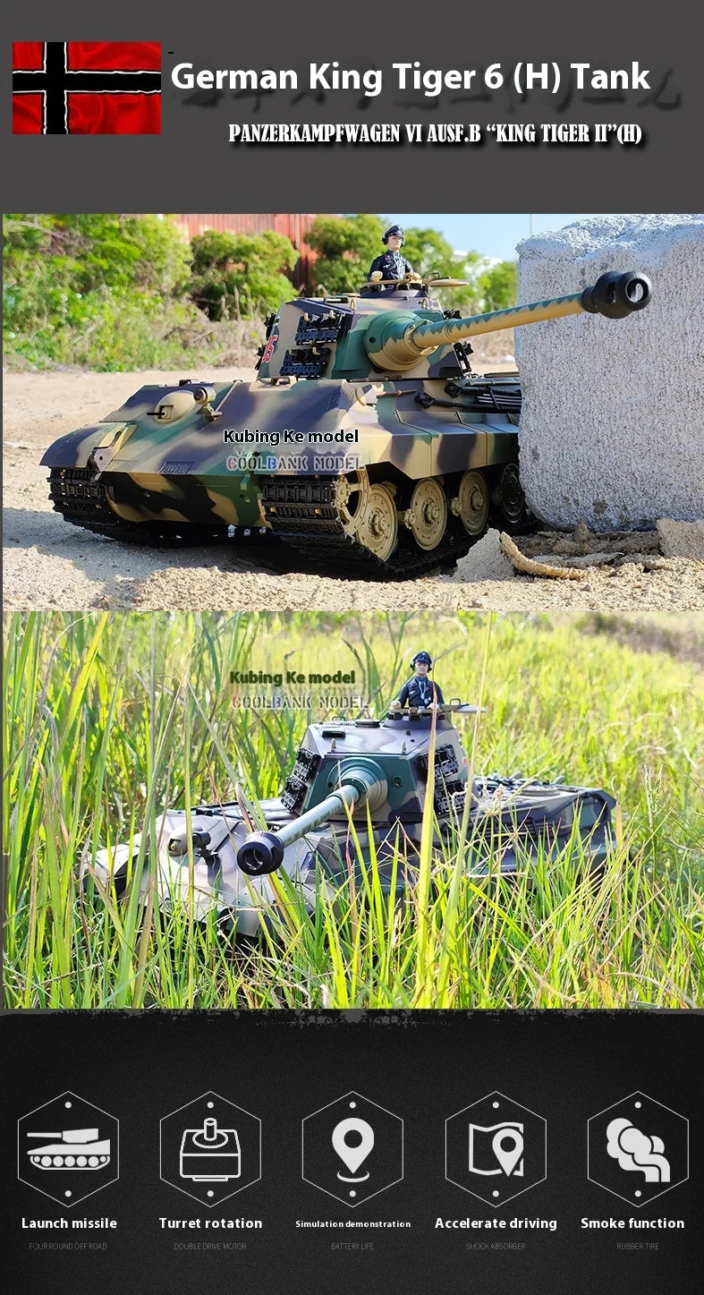 Henglong German Tiger King Remote-Controlled Tank 1/16 Metal Toy Car Professional Electric Tracked Off-Road Military Tank Model